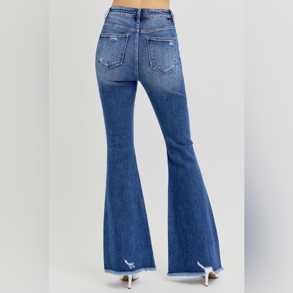 RISEN Full Size High Rise Distressed Raw Hem Flare Jeans - Picture 6 of 7